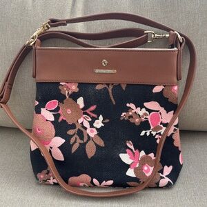 Spartina 449 Black & Pink Floral Natural Linen Genuine Leather Crossbody Bag